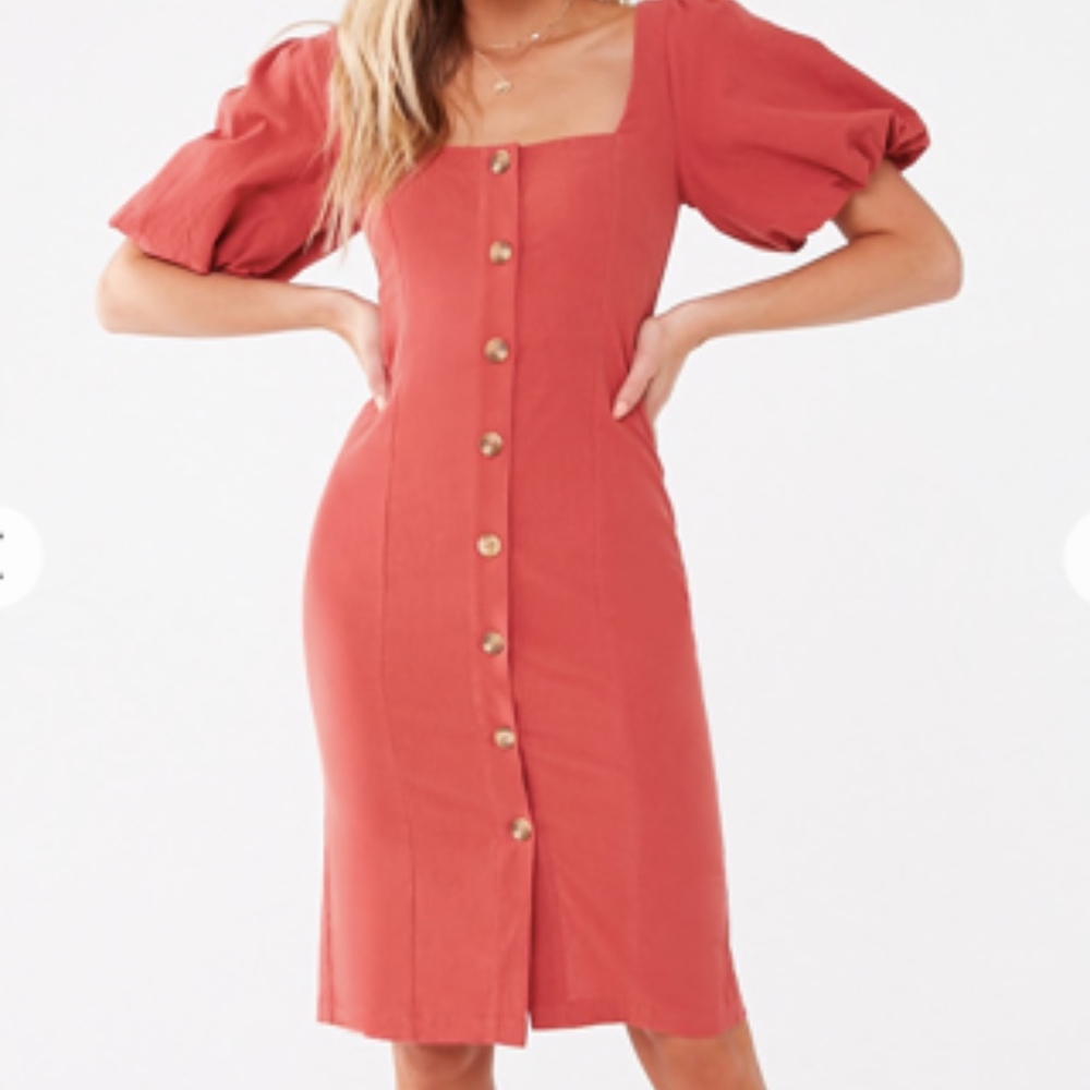 Coral puff sleeve button down midi dress